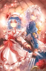 Rule 34 | 2girls, 60mai, apron, ascot, bat (animal), bat wings, between fingers, black wings, blue dress, blue eyes, blue hair, bow, bowtie, braid, capelet, commentary request, dress, feet out of frame, flower, frilled apron, frilled capelet, frills, hair between eyes, hair bow, hair intakes, hand up, hat, hat ribbon, holding, holding knife, izayoi sakuya, juliet sleeves, knife, knives between fingers, long sleeves, looking at viewer, maid, maid apron, maid headdress, multicolored clothes, multicolored dress, multiple girls, puffy sleeves, red bow, red dress, red eyes, red flower, red ribbon, red rose, remilia scarlet, ribbon, ribbon-trimmed dress, rose, short hair, silver hair, smile, standing, touhou, translation request, twin braids, v-shaped eyebrows, waist apron, white apron, white capelet, white dress, white hat, white neckwear, wings, yellow bow, yellow neckwear, yellow ribbon