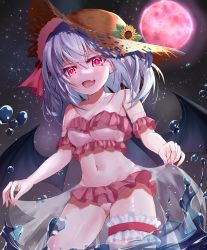 Rule 34 | 1girl, absurdres, bare shoulders, bat wings, bikini, black wings, breasts, brown hat, collarbone, cowboy shot, fang, fingernails, flower, full moon, hat, highres, looking at viewer, looking down, medium breasts, medium hair, moon, navel, night, night sky, open mouth, outdoors, partially submerged, pink bikini, purple hair, red eyes, red moon, remilia scarlet, s vileblood, sharp fingernails, skin fang, sky, solo, star (sky), starry sky, straw hat, sunflower, swimsuit, touhou, v-shaped eyebrows, water, wet, wings, yellow flower