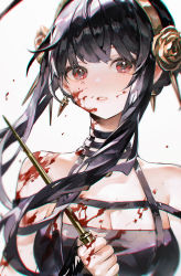 Rule 34 | 1girl, bare shoulders, black dress, black hair, blood, blood on clothes, blood on face, breasts, brown flower, brown hairband, brown rose, cleavage, commentary request, dress, floating hair, flower, hair flower, hair ornament, hairband, highres, holding, long hair, looking at viewer, medium breasts, parted lips, pino ko, red eyes, rose, simple background, solo, spy x family, upper body, white background, yor briar