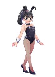 Rule 34 | 1girl, :d, animal ears, ball, bare shoulders, black eyes, bow, bowtie, breasts, detached collar, fake animal ears, fishnet pantyhose, fishnets, fukuyama mai, full body, high heels, highres, idolmaster, idolmaster cinderella girls, leotard, long hair, looking at viewer, open mouth, pantyhose, playboy bunny, ponytail, purple footwear, rabbit ears, rabbit tail, shift (waage), simple background, small breasts, smile, solo, tail, white background, wrist cuffs