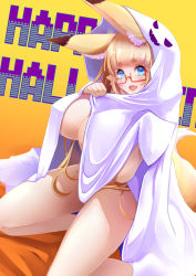 Rule 34 | 1girl, :d, amino dopple, animal ears, blonde hair, blue eyes, breasts, completely nude, english text, fang, fang out, fox ears, fox tail, ghost costume, glasses, gradient background, halloween, halloween costume, hands up, happy halloween, honami mikura (amino dopple), huge breasts, kneeling, long hair, looking at viewer, nude, open mouth, orange background, original, red-framed eyewear, semi-rimless eyewear, skin fang, smile, solo, tail, under-rim eyewear, very long hair