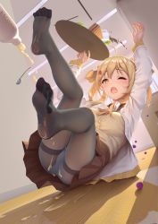Rule 34 | 1girl, accident, ahoge, arms up, black pantyhose, blonde hair, bow, bowtie, breasts, brown skirt, cardigan, commentary request, egg hair ornament, feet, female focus, food, food-themed hair ornament, food on clothes, full body, hair ornament, highres, himitsu (hi mi tsu 2), indoors, kaguyano, long hair, long sleeves, looking away, mayonnaise, mayonnaise (kaguyano), medium breasts, miniskirt, no shoes, one eye closed, open cardigan, open clothes, open mouth, panties, panties under pantyhose, pantyhose, pleated skirt, shirt, skirt, soles, solo, suggestive fluid, teeth, two side up, underwear, upper teeth only, white bow, white bowtie, white cardigan, yellow eyes, yellow shirt