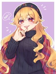 Rule 34 | 1girl, :d, adapted costume, blonde hair, border, fox shadow puppet, hand up, junko (touhou), long hair, notice lines, open mouth, outside border, plaid, purple background, ribbed sweater, sakikagami, scarf, smile, solo, sweater, teeth, touhou, turtleneck, upper teeth only, white border