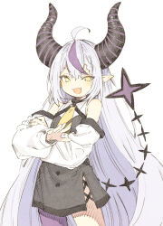 Rule 34 | 1girl, :d, abara heiki, ahoge, black dress, black nails, blush, cowboy shot, demon horns, detached sleeves, dress, fang, grey hair, highres, hololive, horns, la+ darknesss, long hair, long sleeves, looking at viewer, multicolored hair, open mouth, pantyhose, purple hair, purple pantyhose, raised eyebrow, simple background, single leg pantyhose, smile, solo, standing, streaked hair, tail raised, very long hair, virtual youtuber, white background, yellow eyes