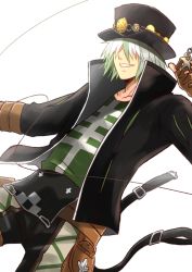 Rule 34 | 1boy, black hat, black jacket, brown gloves, collarbone, dezel (tales), fingerless gloves, gloves, gradient hair, green hair, green shirt, grin, hair over eyes, hat, jacket, long sleeves, male focus, multicolored hair, open clothes, open jacket, pants, print shirt, saklo, shirt, short hair, silver hair, simple background, smile, solo, tales of (series), tales of zestiria, two-tone hair, white background