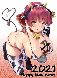 Rule 34 | 1girl, 2021, absurdres, animal ears, animal print, bell, neck bell, bent over, bikini, blush, bottle, breasts, cleavage, collar, cow ears, cow horns, cow print, cow tail, ear tag, elbow gloves, fake animal ears, fake horns, fake tail, gloves, hair ribbon, happy new year, heterochromia, highres, holding, holding bottle, hololive, horns, houshou marine, koubou (cowbow kun), large breasts, looking at viewer, milk bottle, new year, o-ring, o-ring top, red eyes, red hair, red ribbon, ribbon, short hair, solo, swimsuit, tail, thighhighs, virtual youtuber, yellow eyes