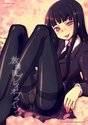 Rule 34 | 1girl, black hair, blunt bangs, crotch seam, female protagonist (houkago play), hime cut, houkago play, kimarin, long hair, long sleeves, necktie, no shoes, panties, panties under pantyhose, pantyhose, pink eyes, school uniform, sitting, solo, thighband pantyhose, tongue, tongue out, underwear