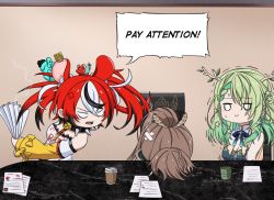 Rule 34 | 4girls, ahoge, animal ears, antlers, black hair, blue eyes, braid, branch, brown hair, ceres fauna, ceres fauna (1st costume), cup, desk, disposable cup, english text, feather hair ornament, feathers, flower, gardavwar, green hair, hair flower, hair ornament, hakos baelz, hakos baelz (1st costume), hand fan, harisen, hololive, hololive english, horns, irys (hololive), long hair, mouse ears, mouse girl, mr. squeaks (hakos baelz), multicolored hair, multiple girls, nanashi mumei, nanashi mumei (1st costume), nervous sweating, paper, paper fan, ponytail, red hair, sharp teeth, streaked hair, sweat, teeth, trembling, twintails, very long hair, virtual youtuber, white hair