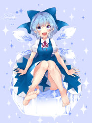 Rule 34 | alternate breast size, barefoot, blue bow, blue eyes, blue hair, blush, bow, breasts, cirno, dated, feet, hair bow, highres, looking at viewer, medium breasts, miya sakaori, open mouth, short hair, signature, sitting, smile, solo, touhou