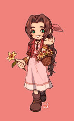 Rule 34 | 1girl, aerith gainsborough, basket, boots, braid, brown footwear, brown hair, choker, cropped jacket, dress, final fantasy, final fantasy vii, final fantasy vii remake, flower, flower basket, full body, green eyes, hair ribbon, holding, holding basket, holding flower, jacket, jewelry, long hair, mo jones, necklace, parted bangs, pink background, pink dress, pink ribbon, red jacket, ribbon, sidelocks, smirk, solo, square enix, yellow flower