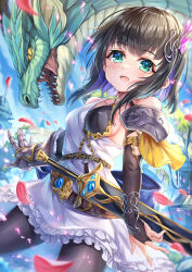 Rule 34 | 1girl, 1other, aiela (shadowverse), akami770, aqua eyes, arm at side, back bow, bare shoulders, belt, belt buckle, black hair, black pantyhose, blue bow, blue gemstone, blue sky, blunt bangs, blush, bow, bracelet, breasts, bridal gauntlets, brown belt, buckle, building, chest guard, collarbone, cowboy shot, dragon, dress, falling petals, fangs, frills, from side, gauntlets, gem, gloves, gold trim, highres, house, jewelry, light, looking at viewer, narrow waist, nostrils, open mouth, pantyhose, petals, scabbard, scales, shadowverse, sheath, short hair, sideboob, single bridal gauntlet, single gauntlet, sky, slit pupils, small breasts, smile, solo focus, standing, sword, tongue, weapon, white dress, yellow eyes