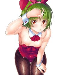 Rule 34 | 1girl, :o, adjusting hair, ange (taimanin asagi), animal ears, areola slip, arm up, bare shoulders, black pantyhose, blush, breasts, collarbone, cowboy shot, detached collar, facing viewer, fake animal ears, fishnet pantyhose, fishnets, green hair, hairband, hand in own hair, hand on own thigh, highleg, highleg leotard, highres, leaning forward, legs together, leotard, lilith-soft, looking at viewer, multicolored eyes, nobushito kuro, official art, pantyhose, parted lips, playboy bunny, rabbit ears, red eyes, red leotard, shiny clothes, shiny skin, short hair, simple background, small breasts, solo, standing, strapless, strapless leotard, taimanin (series), taimanin asagi kessen arena, thigh gap, white background, wrist cuffs, yellow eyes