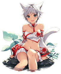 Rule 34 | 1girl, animal ears, artist name, bare shoulders, breasts, cat ears, cat tail, cleavage, collarbone, commentary request, detached collar, detached sleeves, final fantasy, final fantasy xiv, fingernails, floral print, looking at viewer, medium breasts, midriff, miqo&#039;te, nardack, open mouth, rock, shiny skin, short hair, signature, simple background, sitting, skirt, smile, soaking feet, solo, strapless, tail, tube top, water, white background