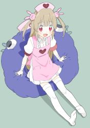 Rule 34 | 1girl, absurdres, bad id, bad twitter id, blush, collared shirt, donguri suzume, fang, from above, hair ornament, hat, highres, light brown hair, long hair, looking at viewer, natori sana, nurse cap, open mouth, pink hat, rabbit hair ornament, red eyes, saana-kun, sana channel, shirt, sitting, smile, solo, thighhighs, thighs, two side up, very long hair, virtual youtuber, white thighhighs, zettai ryouiki