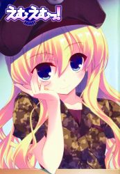 Rule 34 | 1girl, beret, blonde hair, blue eyes, camouflage, hand on own cheek, hand on own face, hat, isurugi mio, long hair, mm!, non-web source, smile, solo