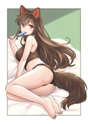 Rule 34 | 1girl, animal ears, ass, barefoot, bikini, black bikini, breasts, brown hair, food, full body, green background, highres, holding, holding food, imaizumi kagerou, long hair, looking at viewer, on bed, red eyes, solo, sweat, swimsuit, tail, touhou, wolf ears, wolf girl, wolf tail, yudepii