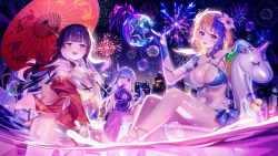 Rule 34 | 3girls, absurdres, aerial fireworks, akashic chronicle, bikini, bikini top only, blonde hair, blue hair, blush, breasts, center opening, city, city lights, cleavage, clothing cutout, collarbone, covered navel, eyepatch, festival, fireworks, frilled swimsuit, frills, hanabi (akashic chronicle), highres, large breasts, lemonpear, lesley (akashic chronicle), long hair, looking at viewer, lunox (akashic chronicle), multicolored hair, multiple girls, navel, navel cutout, night, night sky, o-ring, o-ring bikini, o-ring top, one-piece swimsuit, open mouth, partially submerged, pointy ears, pool, purple hair, rubber duck, short hair, side-tie bikini bottom, sky, sparkler, summer, summer festival, sweat, swimsuit, two-tone hair, umbrella, very long hair