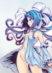 Rule 34 | 1girl, absurdres, bare shoulders, blue eyes, blue hair, blush, breasts, covered erect nipples, detached sleeves, deuman, facial tattoo, hair ribbon, halterneck, highres, horns, long hair, matching hair/eyes, md5 mismatch, navel, no bra, no panties, panis repca, phantasy star, phantasy star online 2, resolution mismatch, ribbon, small breasts, solo, source smaller, tattoo, twintails, wisespeak
