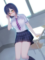 Rule 34 | 1girl, absurdres, blue hair, blush, breasts, chair, classroom, day, highres, indoors, kashiwamochi yomogi, large breasts, looking at viewer, nijisanji, open mouth, plaid, plaid skirt, pleated skirt, purple neckwear, school uniform, shirt, shirt tucked in, shizuka rin, shizuka rin (3rd costume), short hair, short sleeves, sitting, skirt, solo, virtual youtuber, white shirt, yellow eyes