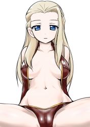 Rule 34 | 10s, 1girl, aegis (nerocc), arms behind back, blonde hair, blue eyes, breasts, breasts apart, cameltoe, clara (girls und panzer), cleavage, cleft of venus, cowboy shot, girls und panzer, large breasts, looking at viewer, open clothes, open vest, panties, parted lips, sitting, solo, spread legs, underwear, vest, white background