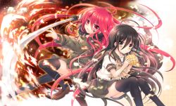 Rule 34 | 2girls, ahoge, black hair, black legwear, blush, bow, bread, brown eyes, brown footwear, closed mouth, dual persona, fire, floating hair, food, hair between eyes, holding, holding food, holding sword, holding weapon, invisible chair, jewelry, loafers, long hair, long sleeves, looking at viewer, melon bread, multiple girls, outstretched arm, pendant, pleated skirt, red eyes, red hair, school uniform, serafuku, shakugan no shana, shana, shoes, short sleeves, sitting, skirt, smile, sword, tachitsu teto, thighhighs, very long hair, weapon