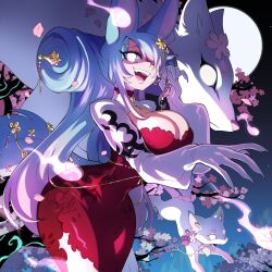 Rule 34 | 1girl, absurdres, animal ears, blue hair, breasts, cherry blossoms, dress, eyelashes, full moon, gradient hair, hair ornament, hair over one eye, hair stick, highres, indie virtual youtuber, kitt betelgeuse, large breasts, long hair, moon, multicolored hair, night, night sky, open mouth, pink hair, red dress, second-party source, shrug (clothing), silvervale, sky, tail, tail ornament, virtual youtuber, white shrug, wolf, wolf ears, wolf girl