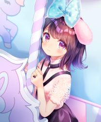Rule 34 | 1girl, animal ears, bad id, bad pixiv id, black skirt, blue bow, blush, bow, brown hair, closed mouth, commentary request, fake animal ears, hair bow, hands up, heart, heart o-ring, komachi pochi, looking at viewer, original, pleated skirt, polka dot, polka dot bow, purple eyes, rabbit ears, see-through, shirt, short sleeves, skirt, smile, solo, white shirt