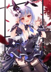 Rule 34 | 1girl, absurdres, animal ears, black collar, black dress, black hat, black nails, blue hair, blue necktie, blunt bangs, blush, breasts, collar, detached collar, detached sleeves, don-chan (usada pekora), dress, extra ears, fake animal ears, fishnet thighhighs, fishnets, frilled sleeves, frills, garter straps, hat, highres, holding, holding mask, hololive, long hair, looking at viewer, mask, mini hat, mini top hat, necktie, null maru, official alternate costume, open mouth, orange eyes, puffy short sleeves, puffy sleeves, rabbit-shaped pupils, rabbit ears, rabbit mask, short dress, short eyebrows, short necktie, short sleeves, sleeveless, sleeveless dress, small breasts, smile, solo, standing, standing on one leg, symbol-shaped pupils, teeth, thick eyebrows, thighhighs, top hat, unworn mask, upper teeth only, usada pekora, usada pekora (furi furi bunny dress), virtual youtuber, wrist cuffs