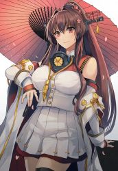 Rule 34 | 1girl, blush, breasts, brown eyes, brown hair, buttons, chrysanthemum, closed mouth, detached sleeves, flower, gold trim, hair between eyes, hair intakes, highres, kantai collection, kasumi (skchkko), large breasts, long hair, looking at viewer, oil-paper umbrella, ponytail, ribbon-trimmed skirt, ribbon trim, sidelocks, simple background, skirt, smile, solo, thighhighs, umbrella, upper body, very long hair, white background, white skirt, yamato (kancolle), yamato kai ni (kancolle)
