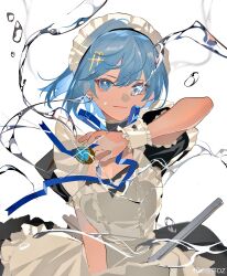 Rule 34 | 1girl, absurdres, alternate costume, apron, black bow, black choker, black dress, black hairband, blue eyes, blue hair, blue ribbon, bow, brown pupils, center frills, chinese commentary, choker, closed mouth, commentary request, cowboy shot, dress, enmaided, eyelashes, fortissimo, frilled apron, frilled choker, frilled hairband, frilled sleeves, frilled wrist cuffs, frills, hair ornament, hairband, hand on lap, heart, heart-shaped pupils, highres, holding, holding mop, hydrokinesis, jewelry, light smile, looking at viewer, mahou shoujo madoka magica, mahou shoujo madoka magica (anime), maid, maid headdress, making-of available, miki sayaka, mop, musical note, musical note hair ornament, object floating above hand, ouge dz, pink lips, puffy short sleeves, puffy sleeves, ribbon, ring, short dress, short hair, short sleeves, simple background, solo, soul gem, symbol-shaped pupils, water, water drop, weibo watermark, white apron, white background, white wrist cuffs, wrist cuffs