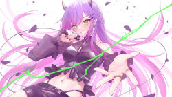 1girl bare_shoulders belt blush braid breasts demon_tail ear_piercing earrings green_eyes grin hair_ornament holding holding_microphone hololive horns jewelry long_hair looking_at_viewer medium_breasts microphone midriff nail_polish navel navel_piercing piercing purple_hair ring simple_background smile solo tail tokoyami_towa underwear very_long_hair virtual_youtuber white_background z.m._(zimin)