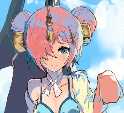 Rule 34 | 1girl, alchemaniac, bikini, bikini top only, blue bikini, blue eyes, breasts, choker, cleavage, cloud, collarbone, day, double bun, fate/grand order, fate (series), frankenstein&#039;s monster (fate), frankenstein&#039;s monster (swimsuit saber) (fate), frankenstein&#039;s monster (swimsuit saber) (first ascension) (fate), hair bun, hair ornament, hair over one eye, horns, looking at viewer, open clothes, open shirt, outdoors, parted lips, pink hair, ribbon, ribbon choker, shirt, short hair, single horn, sleeves past wrists, small breasts, smile, solo, swimsuit, upper body, white ribbon, white shirt