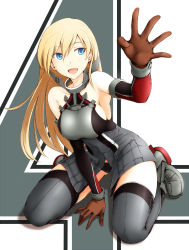 Rule 34 | 1girl, :d, bare shoulders, bismarck (kancolle), blonde hair, blue eyes, breasts, brown gloves, detached sleeves, gloves, grey thighhighs, hair between eyes, highres, kantai collection, large breasts, long hair, military, military uniform, no headwear, no headwear, open mouth, sasaki akira (ugc), sideboob, smile, solo, thighhighs, uniform