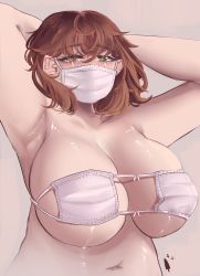 Rule 34 | 1girl, armpits, arms behind head, bikini, brown hair, eyepatch bikini, green eyes, grey background, hair between eyes, half-closed eyes, highres, icedsolero (pixiv44011048), looking at viewer, mask, medium hair, mouth mask, navel, original, simple background, solo, surgical mask, swimsuit, thick arms, upper body