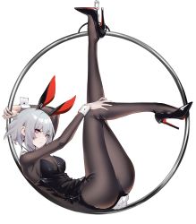 Rule 34 | 1girl, animal ears, ass, black footwear, black leotard, black pantyhose, closed mouth, commentary, fake animal ears, fake tail, from side, grey hair, high heels, highres, leotard, long legs, looking at viewer, lying, on back, original, pantyhose, patent heels, playboy bunny, pumps, purple eyes, rabbit ears, rabbit tail, shoes, short hair, spider apple, stiletto heels, symbol-only commentary, tail, thighs, white background, wrist cuffs