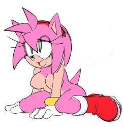 Rule 34 | 1girl, amy rose, animal ears, breasts, full body, furry, furry female, gloves, green eyes, medium breasts, open mouth, pink hair, solo, sonic (series), tail, watatanza, white background