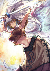 Rule 34 | 1girl, armpits, arms up, blonde hair, bracelet, breasts, brown shirt, duel monster, facial mark, facial tattoo, facing viewer, feathered wings, guardian eatos, hair between eyes, hands up, headdress, highres, holding, holding sword, holding weapon, jewelry, large breasts, looking at viewer, midriff, navel, parted lips, shirt, short hair, shoulder pads, shouma (bravespiritya), skirt, sleeveless, sleeveless shirt, solo, sword, tattoo, teeth, weapon, white hair, wings, yellow eyes, yu-gi-oh!
