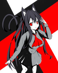 Rule 34 | 1girl, animal ear fluff, animal ears, ascot, black hair, breasts, cat ears, cat girl, cat tail, chisuzu mei, collared shirt, commentary request, grey shirt, grey skirt, hair between eyes, hair ribbon, hand up, highres, long hair, long sleeves, looking at viewer, medium breasts, multiple tails, nagato-chan, parted lips, paryi project, pleated skirt, red ascot, red eyes, red ribbon, ribbon, shirt, skirt, solo, tail, tail raised, two side up, two tails, v-shaped eyebrows, very long hair, virtual youtuber