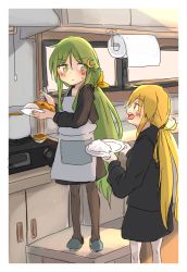Rule 34 | 2girls, absurdres, apron, black pantyhose, black serafuku, black skirt, blonde hair, blush, crescent, crescent hair ornament, curry, curry rice, food, green eyes, green hair, hair between eyes, hair ornament, highres, holding, holding ladle, holding plate, kantai collection, kitchen, ladle, long hair, multiple girls, nagatsuki (kancolle), pantyhose, plate, po0000000000, rice, satsuki (kancolle), school uniform, serafuku, skirt, sweatdrop, teeth, upper teeth only, white pantyhose