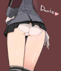 Rule 34 | 10s, 1girl, ass, ass focus, close-up, commentary request, flat ass, german text, gloves, kantai collection, lowres, microskirt, military, military uniform, panties, prinz eugen (kancolle), shimada fumikane, simple background, skirt, solo, thighhighs, translated, trefoil, underwear, uniform, white gloves, white panties