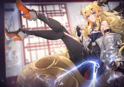 1girl, ahoge, architecture, arknights, armband, armpit crease, black footwear, black gloves, black legwear, black shirt, black skirt, blonde hair, blue eyes, breasts, closed mouth, commentary, dragon horns, east asian architecture, electricity, expressionless, eyebrows visible through hair, eyelashes, fingerless gloves, full body, gloves, hair ornament, hairclip, hanging scroll, high heels, holding, holding hair, horns, id card, indoors, jacket, lanyard, legs crossed, legs up, leizi (arknights), long hair, looking at viewer, medium breasts, miniskirt, multicolored footwear, off shoulder, open clothes, open jacket, pantyhose, pleated skirt, pointy ears, ryuuzaki ichi, scroll, shirt, sitting, skirt, sleeveless, sleeveless shirt, solo, tail, thick eyebrows, wavy hair, white footwear, white jacket