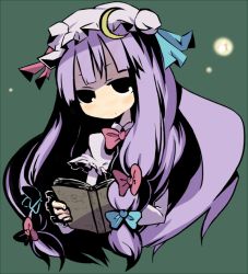 Rule 34 | 1girl, black eyes, blunt bangs, book, bow, bowtie, crescent moon, female focus, grimoire, hat, head tilt, holding, holding book, long hair, moon, ofly (ofly252), patchouli knowledge, pink bow, purple hair, red bow, red bowtie, shaded face, solo, touhou, very long hair