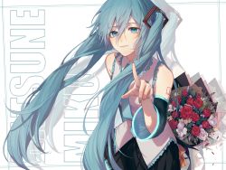 Rule 34 | 1girl, arm behind back, bare shoulders, black skirt, blue eyes, blue hair, blue necktie, bouquet, character name, collared shirt, commentary, cowboy shot, detached sleeves, flower, hair between eyes, hand up, hatsune miku, highres, holding, holding bouquet, index finger raised, kaicggo, long hair, looking at viewer, necktie, pointing, pointing at viewer, red flower, red rose, rose, shirt, skirt, smile, solo, standing, symbol-only commentary, twintails, vocaloid, white background, white flower, white rose, white shirt