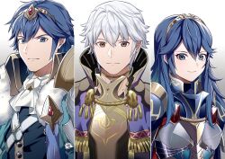 Rule 34 | 1girl, 2boys, ameno (a meno0), armor, ascot, blue eyes, blue hair, breastplate, brown eyes, chrom (fire emblem), closed mouth, commentary request, earrings, father and daughter, fire emblem, fire emblem awakening, fire emblem heroes, hair between eyes, jewelry, long hair, looking at viewer, lucina (fire emblem), multiple boys, nintendo, official alternate costume, robin (fire emblem), robin (male) (fire emblem), short hair, shoulder armor, simple background, smile, tiara, upper body, white ascot, white hair