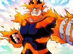 Rule 34 | 1boy, bara, beard, blue bodysuit, blue eyes, bodysuit, boku no hero academia, covered abs, endeavor (boku no hero academia), facial hair, fighting stance, fire, large pectorals, looking at viewer, male focus, mature male, miso (mimimiso), muscular, muscular male, pectorals, red hair, scar, scar across eye, scar on face, short hair, sideburns, solo, spiked hair, stubble, upper body