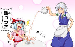 Rule 34 | 1koma, 2girls, ^^^, apron, ascot, black ribbon, blue dress, bow, braid, comic, commentary, cup, dress, failure, fangs, flat chest, green bow, hair between eyes, hair bow, hat, hidaruma, izayoi sakuya, maid, maid apron, maid headdress, medium hair, mob cap, multiple girls, neck ribbon, open mouth, pink background, pink headwear, pink shirt, puffy short sleeves, puffy sleeves, red ascot, remilia scarlet, ribbon, saucer, shirt, short hair, short sleeves, sound effects, speech bubble, spilling, sweatdrop, table, tea, teacup, touhou, translated, twin braids, v-shaped eyebrows, white hair, white shirt, you&#039;re doing it wrong