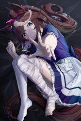 Rule 34 | 1girl, absurdres, animal ears, bandaged leg, bandages, blue eyes, bow, broken leg, brown hair, ear ribbon, frilled skirt, frills, grin, heart2833, highres, horse ears, horse girl, horse tail, injury, looking at viewer, lying, multicolored hair, on side, outstretched arm, outstretched hand, ponytail, school uniform, shirt, short sleeves, skirt, smile, solo, tail, tokai teio (umamusume), tracen school uniform, two-tone hair, umamusume, white shirt