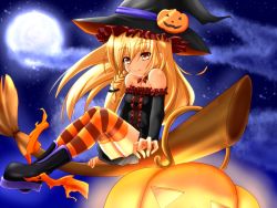 Rule 34 | 1girl, bad id, bad pixiv id, bare shoulders, blonde hair, broom, child, detached sleeves, female focus, food-themed hair ornament, hair ornament, halloween, hat, jack-o&#039;-lantern, kamo (yokaze), kirisame marisa, long hair, moon, pumpkin, pumpkin hair ornament, skirt, solo, striped clothes, striped thighhighs, thighhighs, touhou, witch, witch hat, yellow eyes