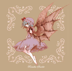 Rule 34 | 1girl, barefoot, bat wings, character name, dress, female focus, full body, hat, outstretched arm, outstretched hand, profile, remilia scarlet, rinko (artist), rinko (mg54), simple background, solo, touhou, wings