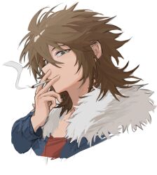 Rule 34 | 1boy, blue jacket, brown hair, chinese commentary, cigarette, commentary request, fur-trimmed jacket, fur trim, green eyes, hair between eyes, hanzi (hanzi33509), highres, isoi reiji, jacket, long sleeves, male focus, medium hair, open clothes, open jacket, portrait, red shirt, saibou shinkyoku, shirt, simple background, smoke, smoking, solo, white background